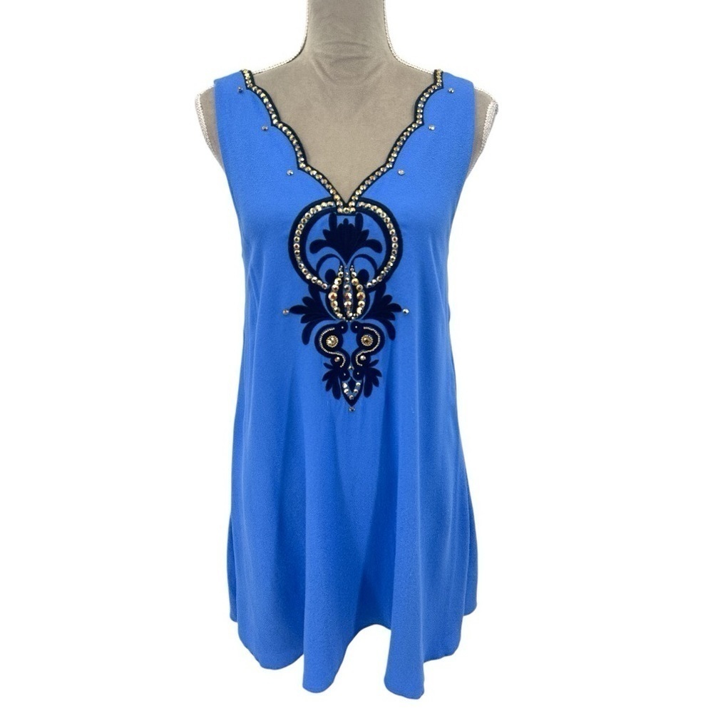 Lilly Pulitzer Owen Beaded Scallop V-Neck Swing Party Dress - Beckon Blue -Small - Picture 2 of 12